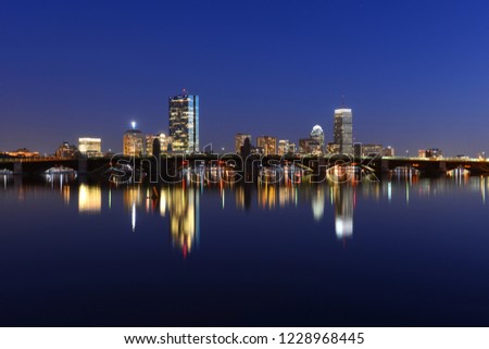 Boston John Hancock Tower, Prudential Center and Back Bay Skyline at twilight, viewed from Cambridge, Boston, Massachusetts, USA.