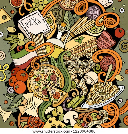 Cartoon vector doodles Italian Food illustration. Colorful, detailed, with lots of objects background. All objects separate. Bright colors Italy cuisine funny picture