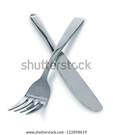 Knife and fork crossed, isolated on white background