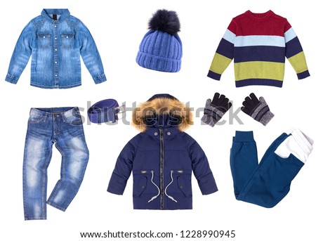 
Collage of children's winter clothes isolated on white background.