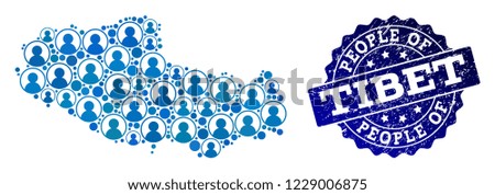 People collage of blue population map of Tibet and rubber stamp. Vector watermark with corroded rubber texture. Mosaic map of Tibet constructed with rounded users. Flat design for political purposes.