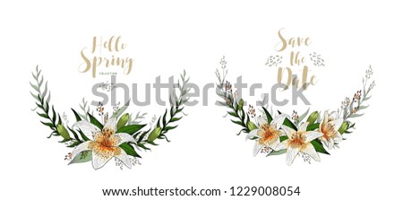 Wedding invitation card floral lily bouquets and golden lettering vector isolated on white. Template elements for romantic postcards