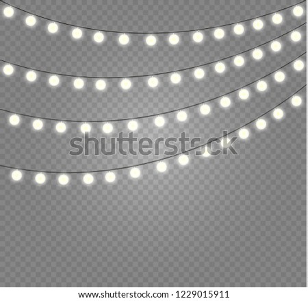 Christmas lights isolated realistic design elements. Glowing lights for Xmas Holiday cards, banners, posters, web design. Garlands decorations. Led neon lamp