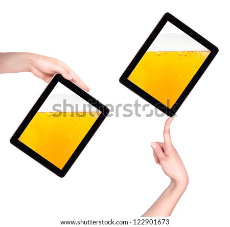 digital tablet with beer concept isolated on a white background
