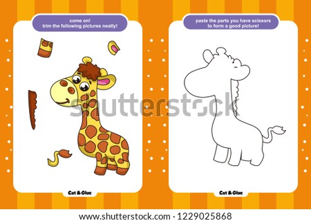Educational paper game for kids, Use scissors and glue and restore pictures, Simple child application with dogs, chickens, bears, crocodiles, giraffes, sheep, cats, lions, snails, mice.