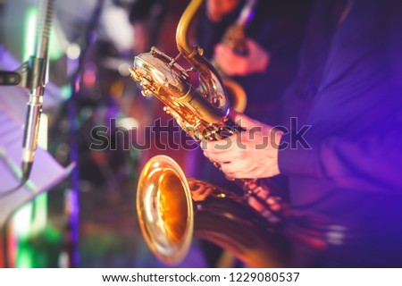 Concert view of a saxophone player with vocalist and musical jazz band in the background
 Royalty-Free Stock Photo #1229080537