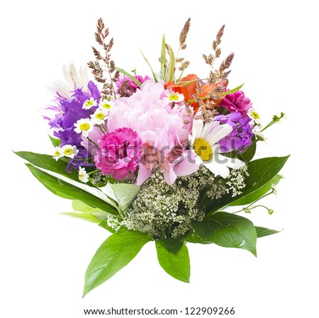 A bouquet of peony, carnation and clover isolated on white background