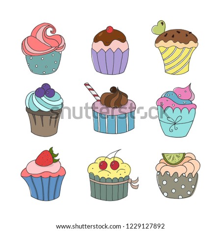 Set of hand drawn cupcakes on white background. Vector illustration.
