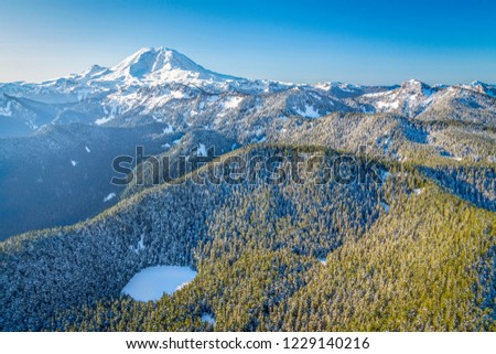 Aerial photo of Mount Rainier in winter with ice covered lakes and snow covered trees. 