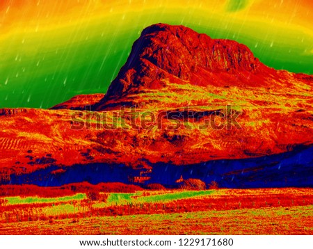 Hipster filter.  Exposed rocks of Preshal more mountain.  Landscape view on Isle of Skye Scottish highlands Royalty-Free Stock Photo #1229171680