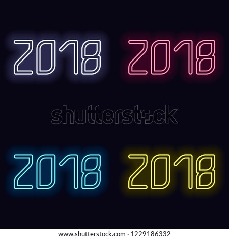 2018 number icon. Happy New Year. Set of neon sign. Casino style on dark background.