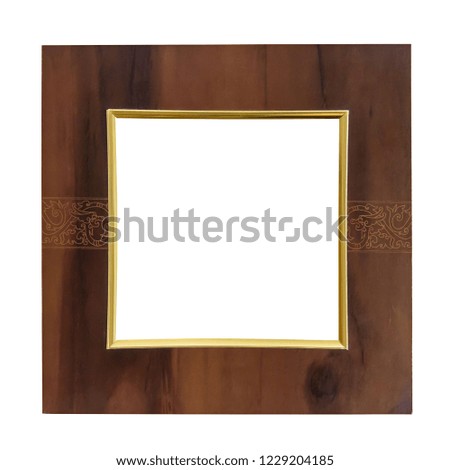 Square wooden picture frame with golden decorations isolated on white background with clipping path