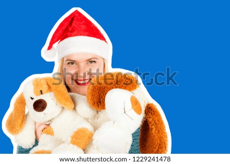Pretty smiling adult woman dressed in warm sweater and scarf, hugging two plush toy dogs. Christmas, New Year celebration concept. Detailed closeup studio shot. Magazine style fashion collage