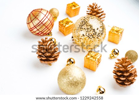 Christmas background. Mockup christmas. Top view and gold christmas items