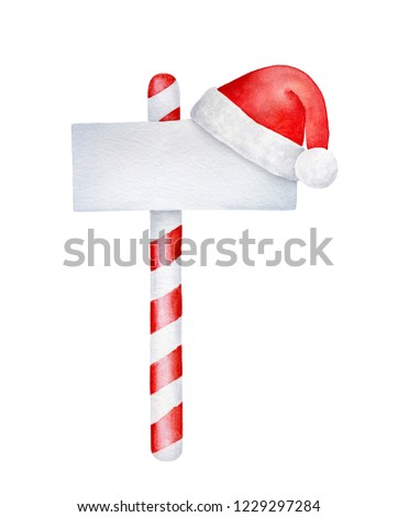 Cute seasonal winter theme signboard with striped post, white rectangular shaped message board and fluffy Santa hat. Empty clip art template for any text and design. Hand drawn water color painting.