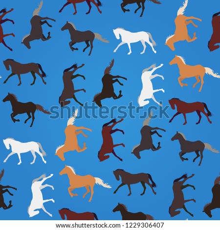 Horses run at a trot and gallop. Seamless vector pattern of equestrian subjects. Silhouettes of animals arranged randomly. For wrapping paper, prints on clothes, covers Royalty-Free Stock Photo #1229306407