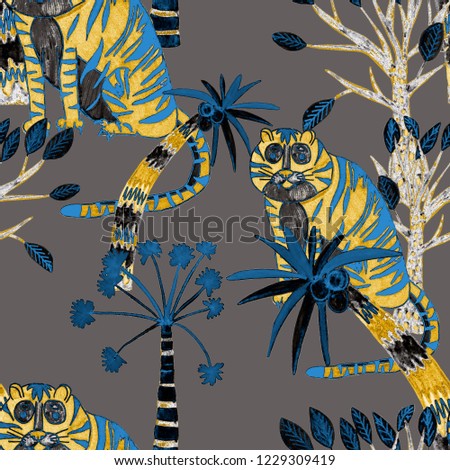 Creative seamless pattern with hand drawn tiger in tropical forest. Trendy style.
