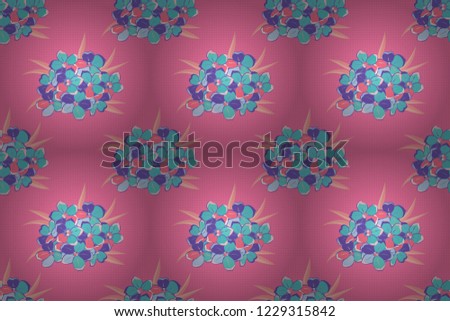 Doodle sketch style, hand-drawn illustration. Raster seamless floral pattern with forget-me-not flowers, leaves, decorative elements, splash, blots and drop in violet, blue and pink colors.