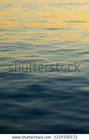 Blue and yellow sunset reflections on a calm lake, in a natural background