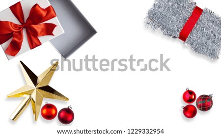New Year 2019, Christmas Gold Star Silver Tinsel Decoration On White Background, For Empty space for design, clipping path