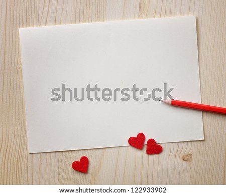 Love notes. Background for design with red hearts and red pencil