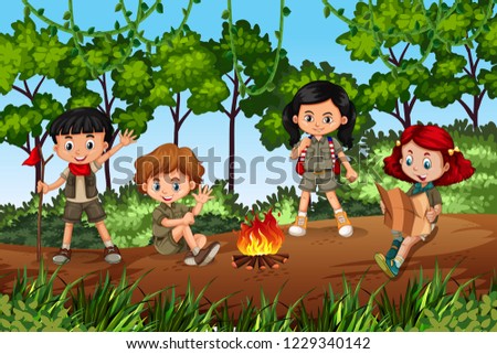 Children camping in forest illustration