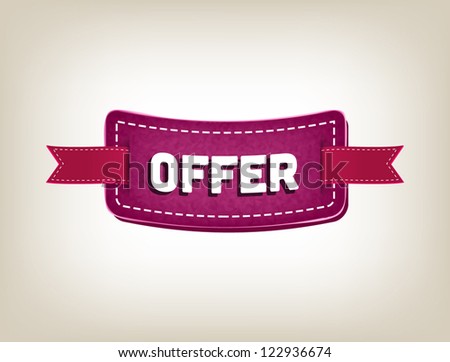 Purple vector promo rough fabric banner decorated with red ribbon tags - "Offer"