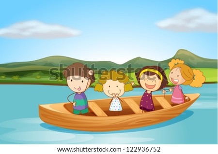 Illustration of kids in a boat on a river