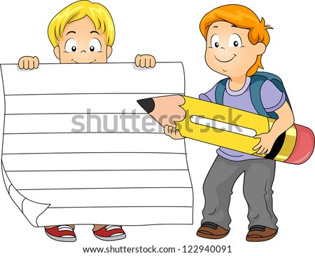Illustration of a Boy Holding a Piece of Ruled Paper While Another Boy Holds a Pencil