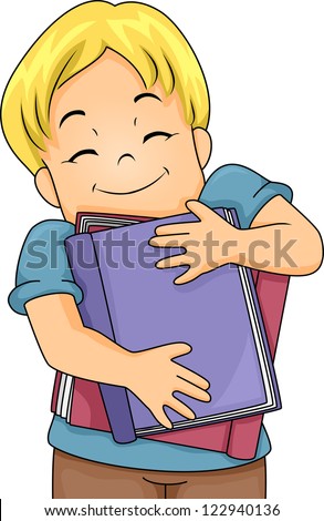 Illustration of a Happy Boy Hugging Large Books