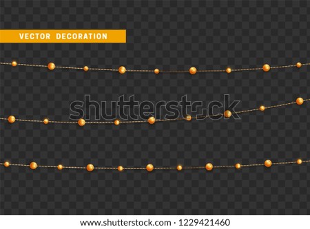 Christmas decorations isolated on transparent background. Golden string garlands with beads realistic set. Gold Xmas decor. Festive design element