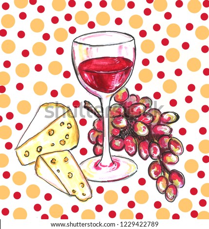 Wine and cheese illustration hand drawn calligraphy grape red wine drink bar background