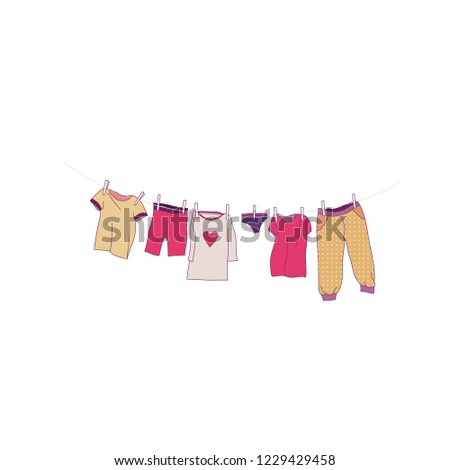 Cute baby clothes drying on the rope. Clothing on the washing line. Vector illustration.