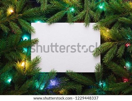 Christmas card for advertising text. Decorative frame of fir branches and Christmas lights