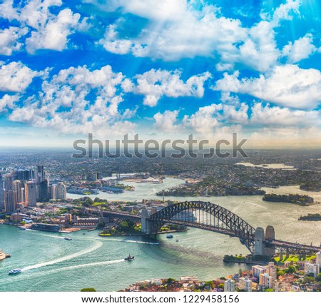 Harbour Bridge view from helicopter, Sydney, Australia.