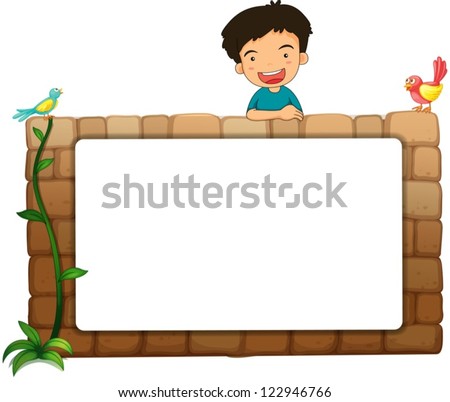 Illustration of a white board, a boy and birds on a white background