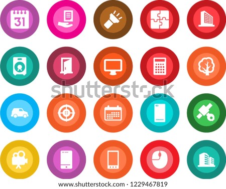 Round color solid flat icon set - office building vector, mouse, document, tree, satellite, video camera, cell phone, monitor, speaker, mobile, back, calendar, torch, application, target, door, car