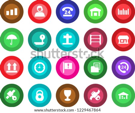 Round color solid flat icon set - signpost vector, important flag, store, satellite, 24 hours, support, clock, folder document, fragile, umbrella, up side sign, warehouse, sorting, heavy, scales