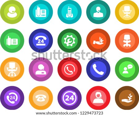 Round color solid flat icon set - 24 around vector, office chair, phone, hours, support, speaker, radio, call, root setup, palm sproute