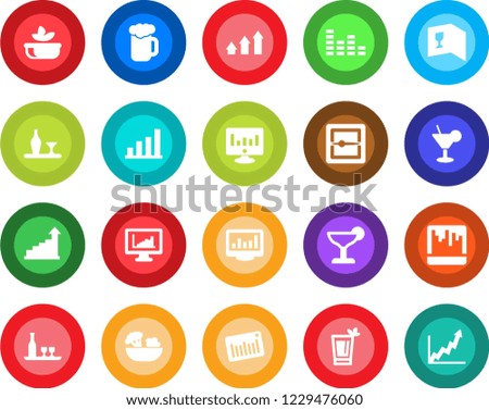 Round color solid flat icon set - growth statistic vector, monitor, barcode, equalizer, scanner, statistics, bar graph, alcohol, wine card, cocktail, phyto, beer, salad, arrow up