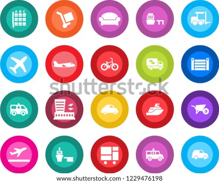 Round color solid flat icon set - departure vector, waiting area, fork loader, plane, seat map, airport building, wheelbarrow, ambulance car, bike, sea shipping, delivery, port, container, moving