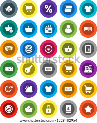 White Solid Icon Set- cart vector, dollar coin, cash, new, open, 24 hour, percent, customer, barcode, cashbox, basket, shopping list, mail, lock, check, tap pay, diamond ring, signpost, clothes