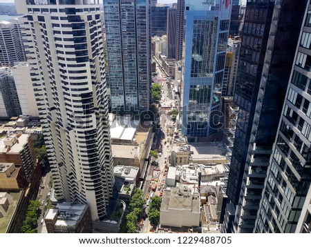 Aerial view of Central Business District of Sydney, Australia. George St. is transforming.