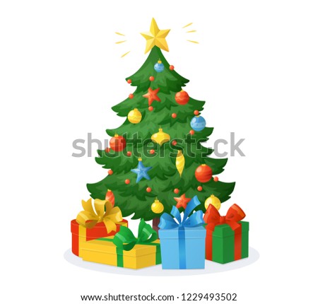 Cartoon Christmas tree with presents isolated on white background. Decorations with stars, balls and garlands. Holiday gift boxes with bow, vector illustration. For New Year cards, banners, posters.
