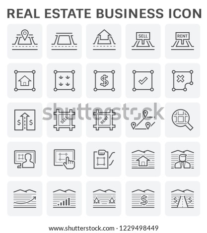 Real estate business vector icon. Include house, residential building. Land plot, land lot, map, boundary, pin, location and area for navigation. Tract of land for owned, sale, rent, buy, development. Royalty-Free Stock Photo #1229498449