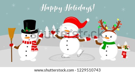 New Year and Christmas card. Three cute snowmen in different costumes. Skating, holding a broomstick, holding a sock with gifts. Winter on the background of snowflakes. Cartoon style, vector.