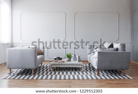 Copy space on the empty wall of elegant grey living room with two comfortable sofa and small coffee table, real photo