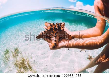 Woman in tropical ocean holding starfish, underwater photo