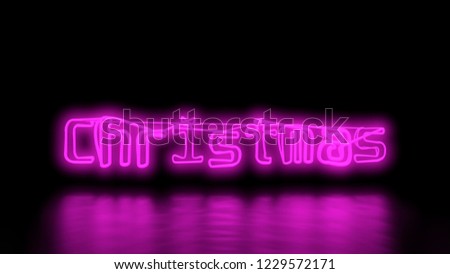 Christmas Sci-Fi Purple Pink Neon Lights lettering word On Black Background wall and Reflective floor With Empty Space For Text 3D Rendering Illustration