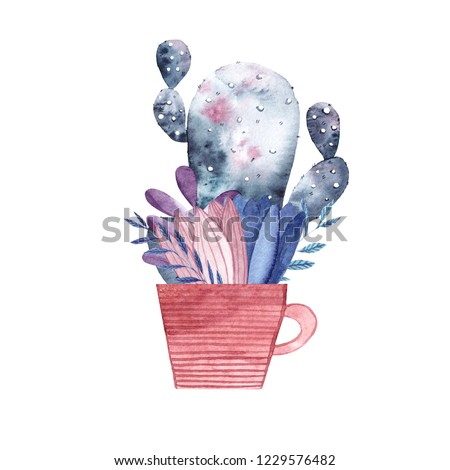 watercolor composition with cactus leaves, flower pots on white background